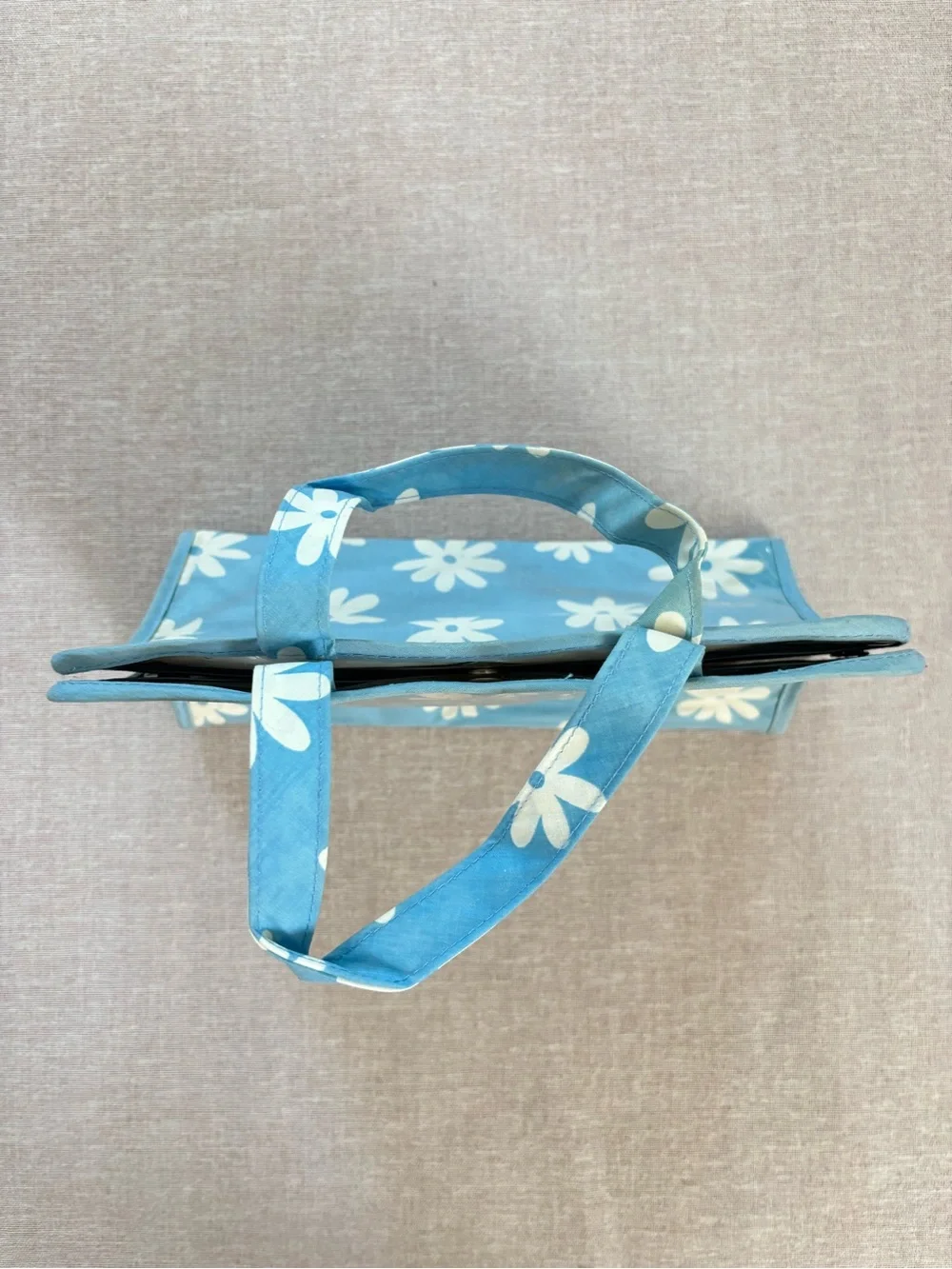 Vintage blue daisy boho vinyl clutch pouch.